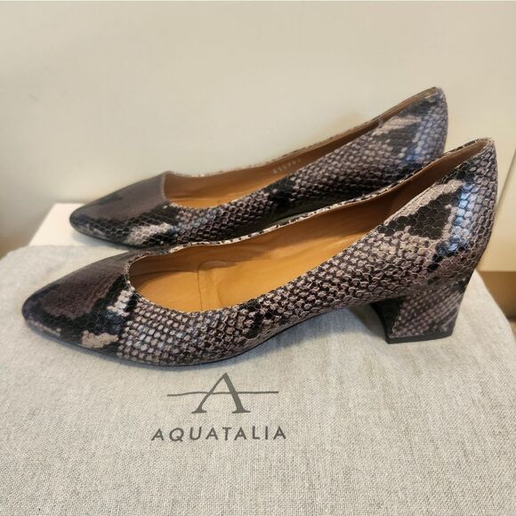 NWT Aquatalia "Pasha" Blk/Gry Python Print Leather Sq. Heel Pumps Sz.7 Ret. $350 - Picture 1 of 10